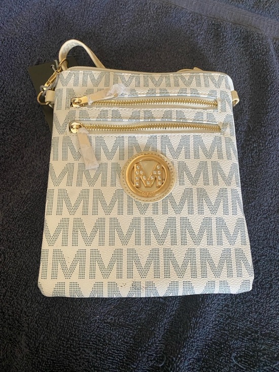 The Unbranded Brand Handbags - Milan Cream/Gold Logo Crossbody Bag